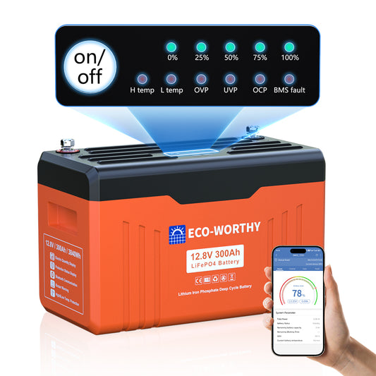 ECO-WORTHY 12V 300AH Lifepo4 Lithium Battery Bluetooth with SOC LEDs and Low Temp Protection
