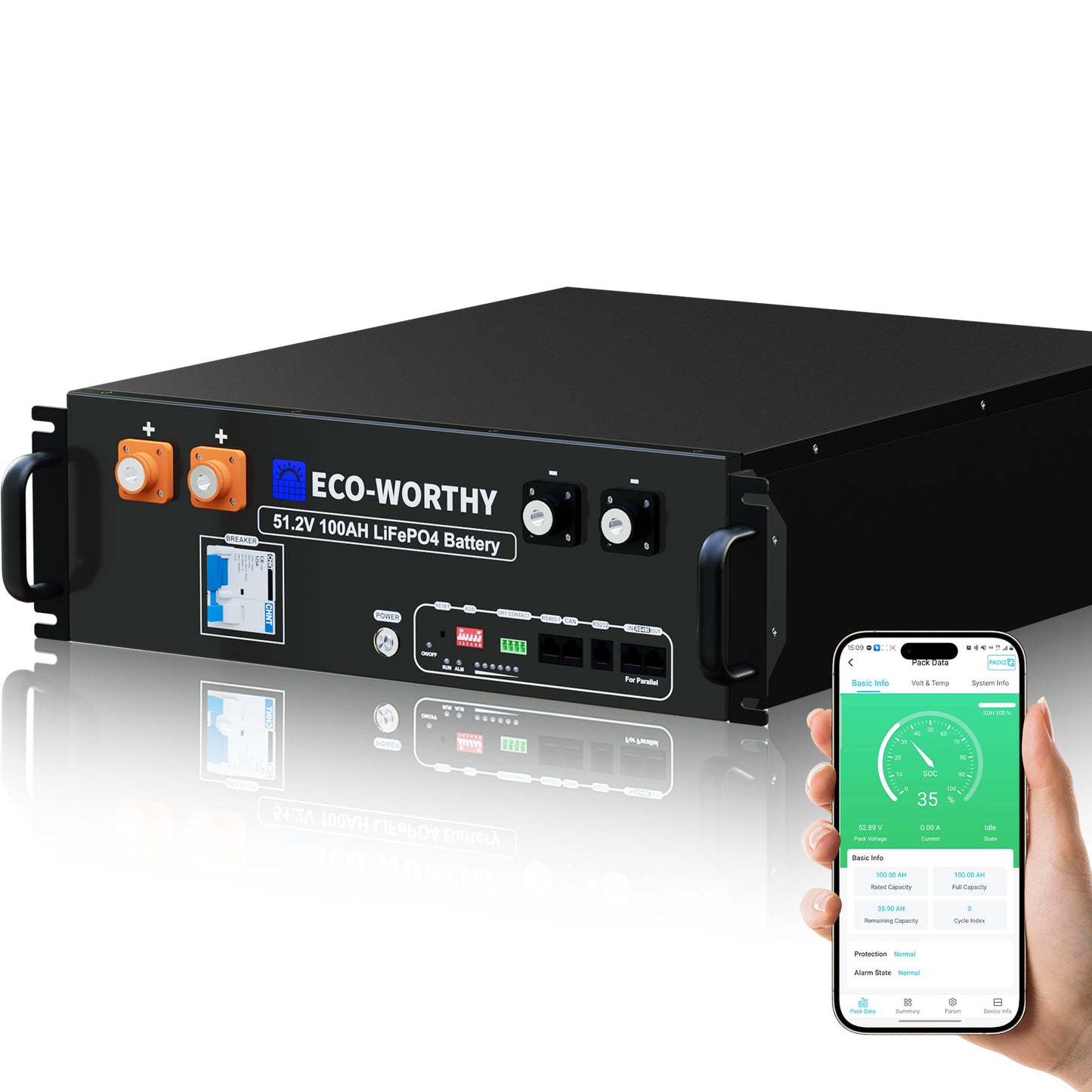 ECO-WORTHY 48V(51.2V) 100Ah Server Rack Battery,5.12kWh Lithium Battery,3U Size,With Bluetooth & Wifi(V3)