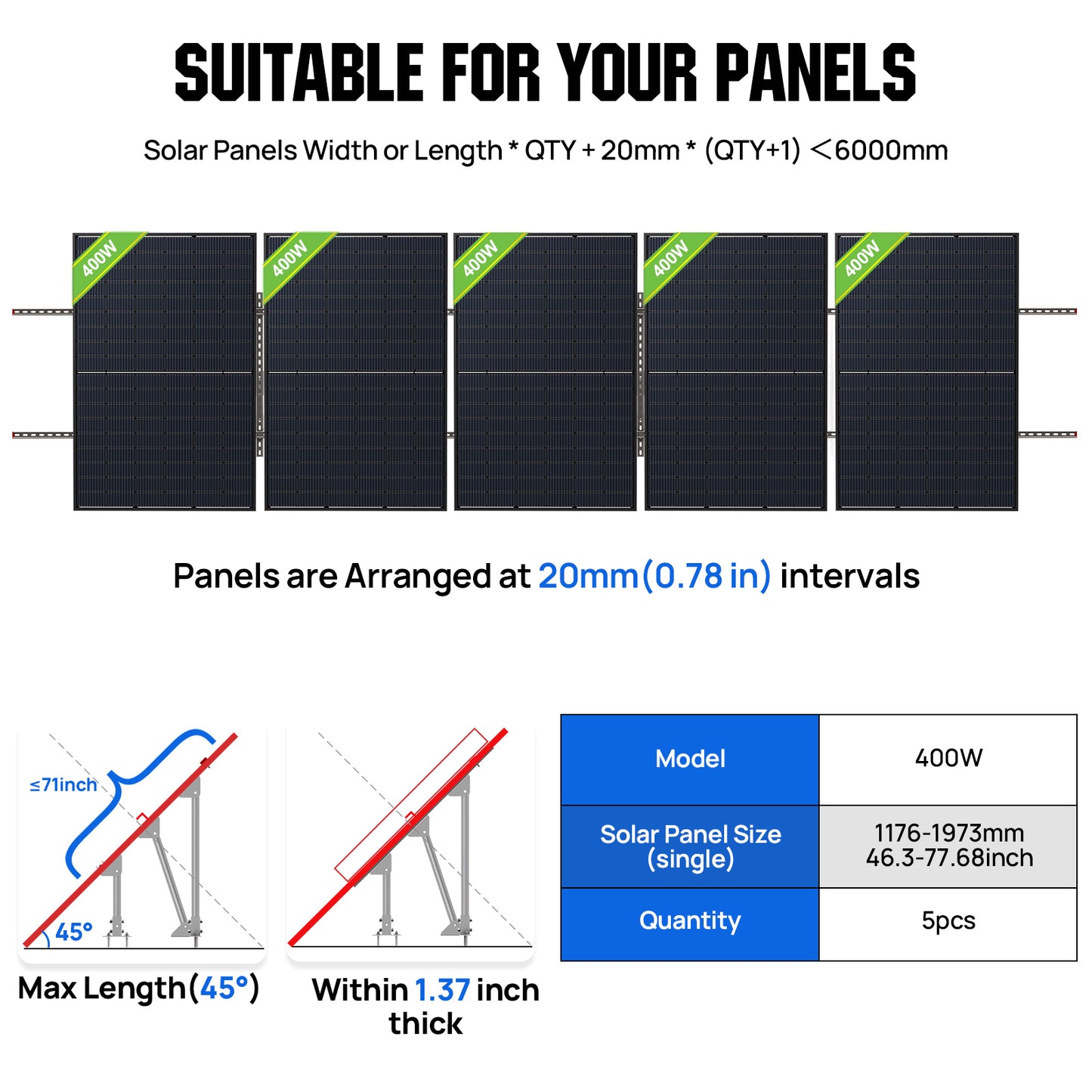 Updated Adjustable Multi-Piece Solar Panel Mounting Brackets for 5-8 Pieces of 200W 300W 400W Solar Panels