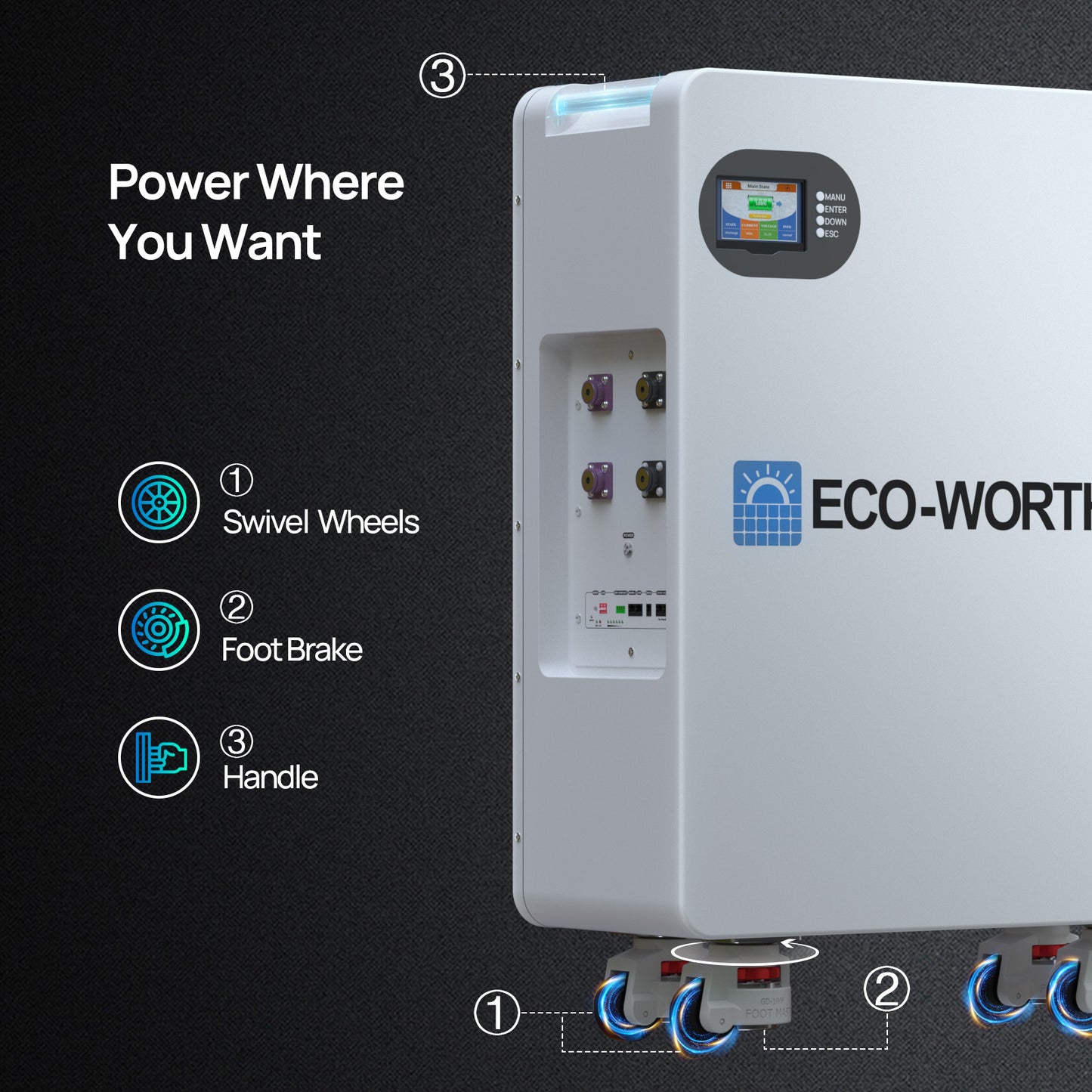 51.2V 280Ah LiFePO4 Floor Standing Battery with 4 Footmaster Nylon Wheels for Off-grid Home Energy Storage