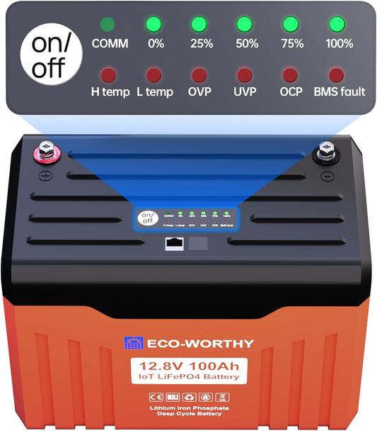 ECO-WORTHY 12V 100AH LiFePO4 Lithium Battery with Battery Status Display, 100A BMS with Low-Temp Protection