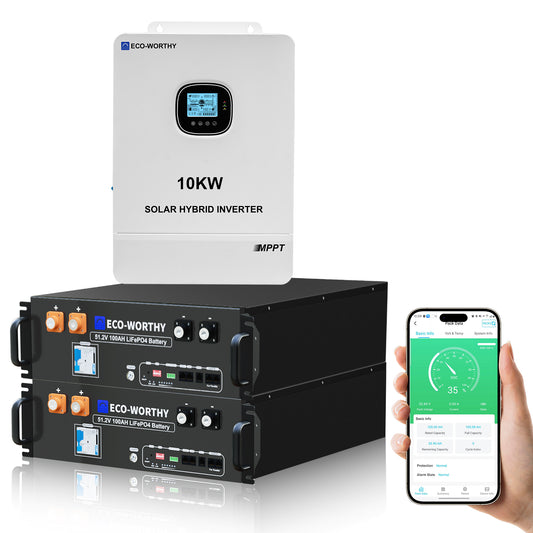 ECO-WORTHY 10.24KWh/30.72KWh Home Backup Power With 48V 100Ah LiFePO4 And 10000W 48V Hybrid Inverter