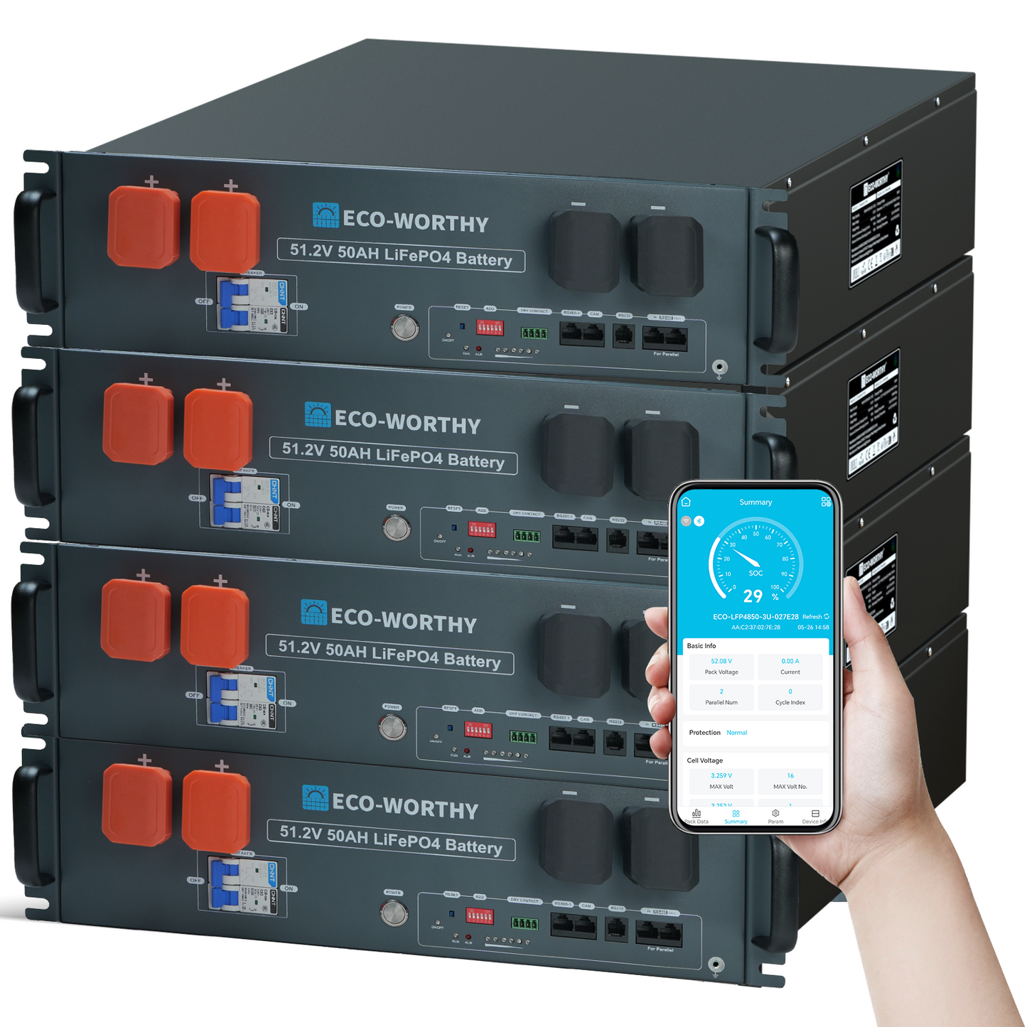 ECO-WORTHY 48V(51.2V) 50Ah Server Rack Battery,2.56kWh Lithium Battery,3U Size,With Bluetooth & Wifi