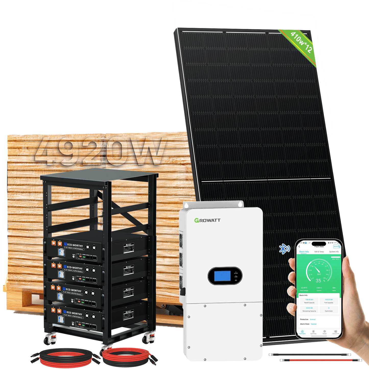 ECO-WORTHY Home Hybrid Solar Power System: 10KW GROWATT 120V/240V Output+ 20.48kWh Lithium Battery (4*48v 100Ah)+ 4920W Solar Panel (12*410W)